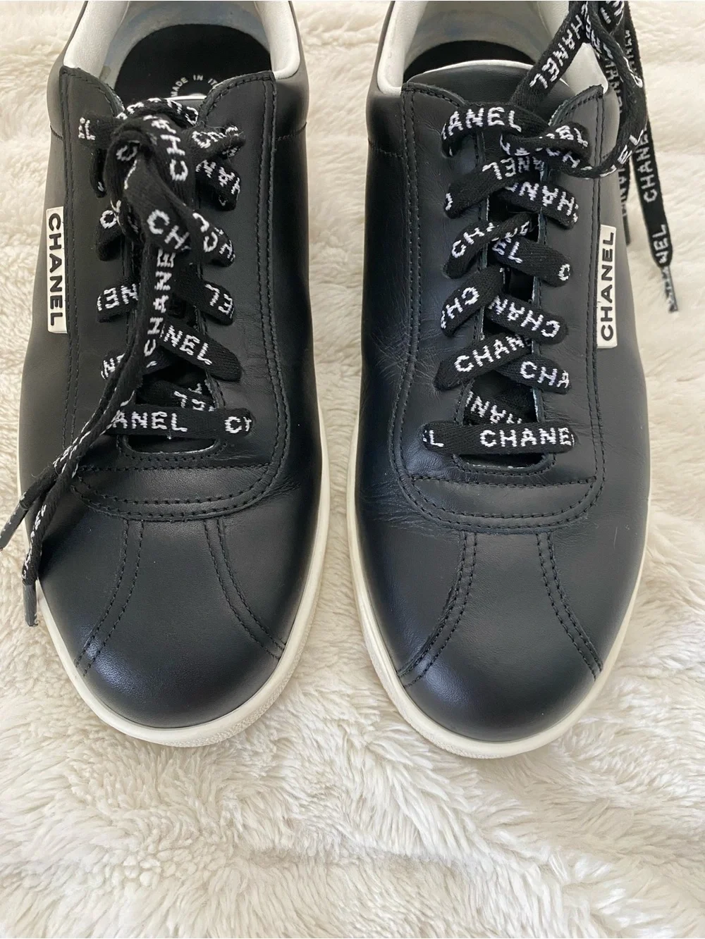 CHANEL Black and White Logo Ribbon Lace Low-Top Sneakers Size 39